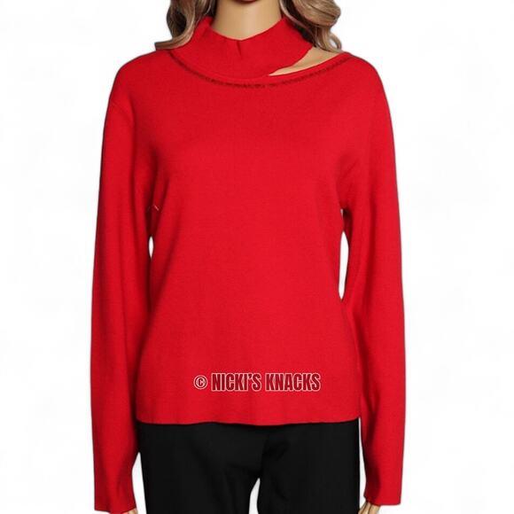 Calvin Klein Sequin Trim Cutout Sweater in Rouge Red Long Sleeve Pullover Size M - Picture 4 of 11